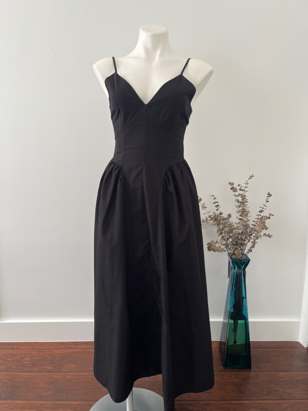 ASOS Black V-Neck Spaghetti Strap Midi Dress with Gathered Skirt